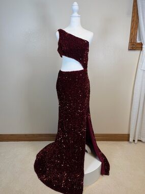 Elegant One-Shoulder Wine Sequin Evening Gown From PromGirl